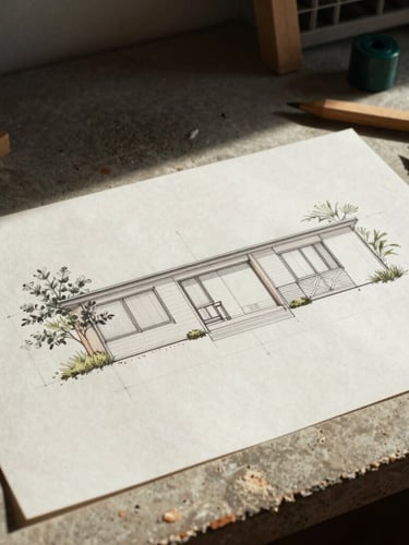 Architectural elevation drawing resting on a concrete workspace, natural side-lighting casting deep shadows, technical tools nearby