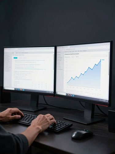 Close wide-angle shot from left side — Shray's hands positioned over a dual-monitor desk showing split-test funnel data and commission graph trending upward, cool studio strobe rim-light creating edge separation on the left, dark charcoal background, tight crop on the screens and hands, no face visible