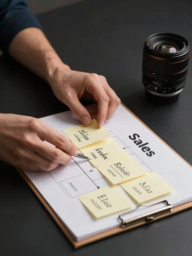 Tight crop of hands positioning sticky notes on a sales system flowchart laid flat on a matte black desk, cool studio strobe lighting with a warm gold rim light separating the subject from the deep charcoal background, funnel stages visible as handwritten labels