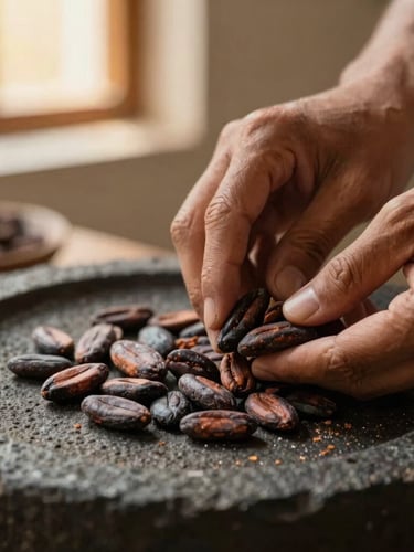 Extreme macro shot of hands grinding rich dark cacao beans on a traditional volcanic stone metate, soft natural light, warm organic textures.