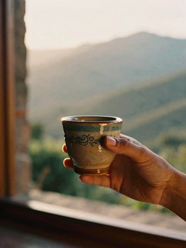 Soft warm lighting, hands holding a textured ceramic cup of mezcal, background of misty mountains of Oaxaca, 35mm film style