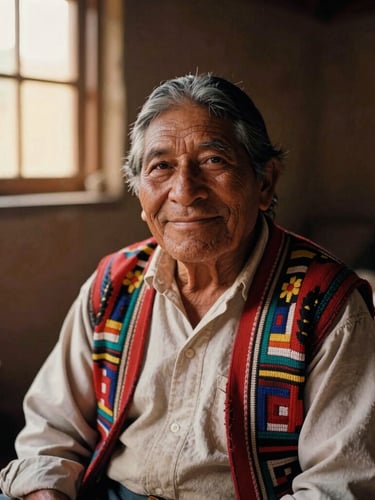 Warm editorial portrait of an elderly Mixtec artisan smiling in a rustic workshop, soft golden-hour window light, rich earthy tones, 35mm film feel.