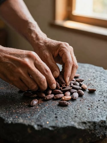 Close-up of hands grinding cacao beans on a dark volcanic stone metate, warm window light, raw textures of chocolate