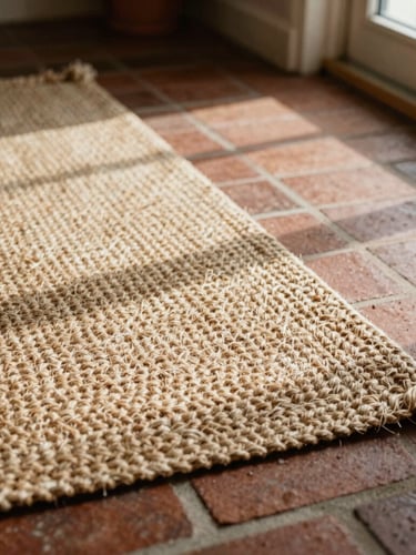 Low-angle floor-level warm editorial photo of braided jute rug edges on a sunlit brick entryway, natural side-lit daylight, 35mm