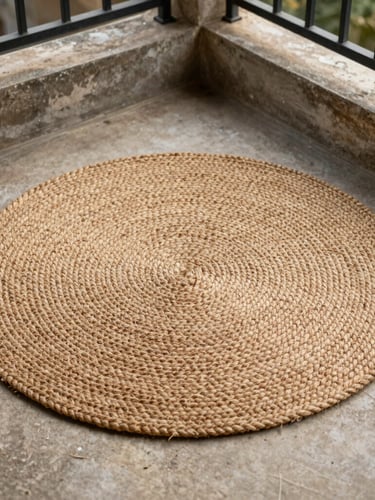 Low-angle floor-level shot of a distressed jute round rug on a weathered concrete balcony, warm editorial photography, natural side-lit daylight, rich earthy tones, 35mm