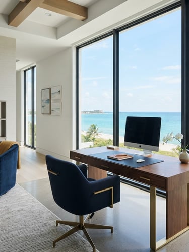 Modern, sunlit corporate workspace with architectural lines, a sleek desk, and a view of the Florida coastline through large windows. Bright, natural coastal daylight. Wide shot with ample negative space.