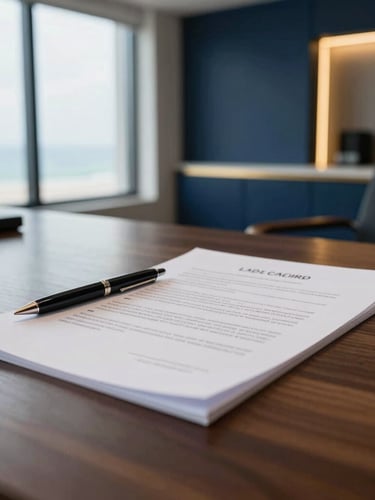 Close-up of legal documents with a pen, on a polished dark wood desk, framed by a modern office interior with soft coastal daylight, deep navy and warm gold accents, sharp focus, 35mm lens