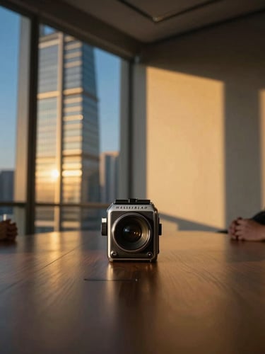 Close-up of high-end boardroom negotiation in Shanghai, dramatic golden hour light, architectural shadows, professional atmosphere, Hasselblad medium format