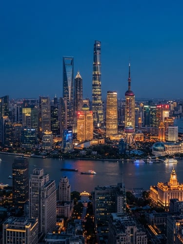 High-altitude architectural view of Shanghai Pudong skyline at deep blue twilight, sharp focus, golden hour reflections on glass towers, cinematic medium format photography
