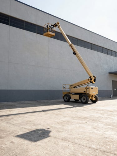 Ground-level wide shot of a telescopic boom lift positioned beside an industrial building facade in Monterrey, Nuevo León, equipment in working stance under direct afternoon sun, long shadows on pale concrete ground, no people posing
