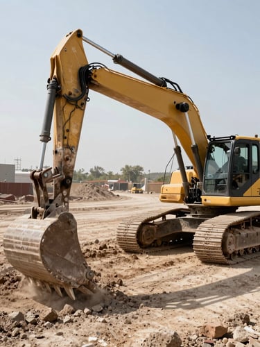 Wide environmental shot from the operator's right side — a backhoe loader's extended arm pivoting at a Nuevo León construction site, bucket breaking caliche earth, harsh midday sun casting strong shadow under the boom, steel cab and hydraulic lines in sharp foreground detail, dusty industrial terrain stretching to the background