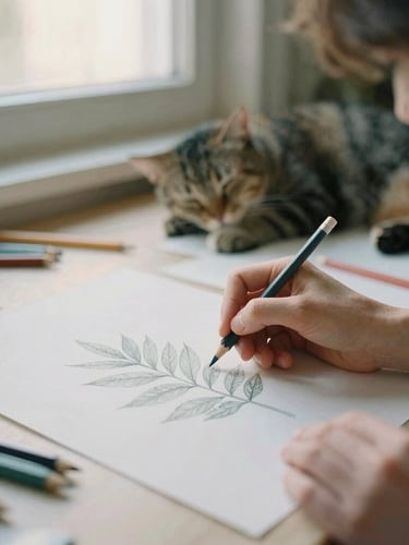 An artist's hands sketching a botanical leaf with colored pencils in a sunlit studio, textured paper, sleeping cat nearby in a patch of light, soft 35mm film style.