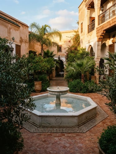 A high-contrast medium-format photo of a luxury Rabat courtyard, featuring a central marble water basin reflecting palm trees, surrounded by terracotta tiling and lush green olive branches under golden hour sun.