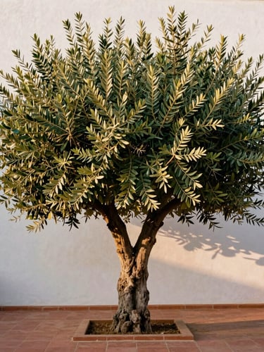 A vertical portrait shot of a mature, sculpted olive tree in a Rabat estate garden, its silvery leaves catching the warm golden-hour light, with crisp white plaster walls in the background.