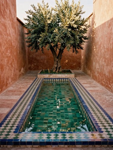 A narrow geometric water channel lined with handmade zellige tiles, reflecting a mature olive tree, surrounded by terracotta plaster walls in warm golden-hour light, medium format film.