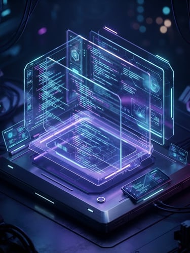 Sleek 3D render of a futuristic coding environment on a holographic terminal, glowing indigo and cyan neon lighting, glassmorphism, isometric perspective, octane render, code snippets visible on screen, dark ambient background.