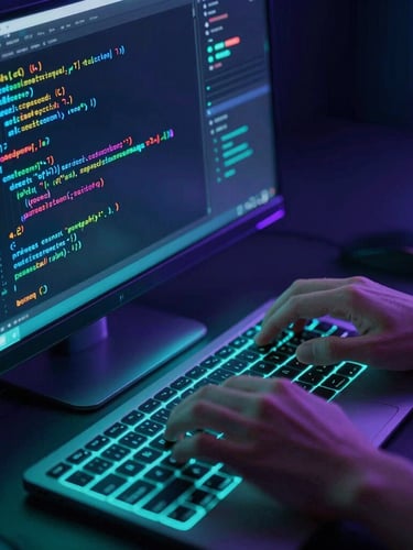 Portrait close-up of hands typing code in a dark-themed IDE on a monitor, neon rim lighting in cyan and indigo, glassmorphic elements subtly reflecting, tight macro shot, professional execution, cinematic production.