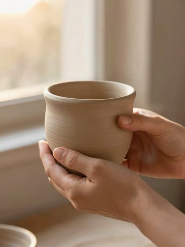Warm editorial photography of hands holding a handmade clay cup, soft golden-hour window light, rose and earth tones, shallow depth of field, 35mm
