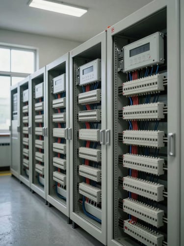 Wide shot of an industrial control panel room, rows of PLC racks and wiring looms visible under overhead fluorescent task lighting, daylight entering from a high factory window on the left, no people in frame, tight framing showing cable organization and terminal blocks