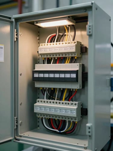 Close-up of an open electrical panel door showing neatly dressed wiring harnesses, terminal blocks with numbered labels, and a mounted PLC unit, task lighting illuminating the interior, industrial facility wall in background