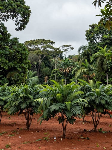 Wide environmental shot of a pimenta-longa cultivation clearing in the Brazilian Amazon, low overcast light, dense green canopy framing the edges, rows of dark-stemmed shrubs in mid-ground, red clay soil visible, no people, documentary framing