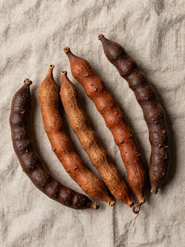 Overhead study of freshly harvested native Brazilian seed pods and roots arranged on raw linen cloth, north-facing diffuse daylight casting soft shadows, terra-cotta and dark-brown tones, no hands, no labels