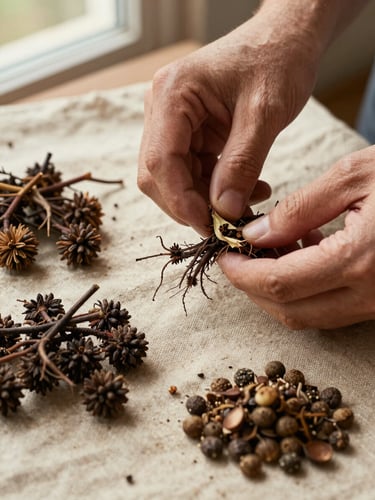Extreme close-up overhead study of hands sorting freshly harvested plant material on a rough linen surface, dark roots and seed pods arranged in small piles, diffuse north-facing window light, warm earth tones, no tools visible, focus on botanical texture and skin