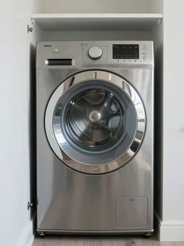 Straight-on architectural shot of a clean stainless steel stackable washer and dryer unit tucked neatly into a compact white apartment closet, bright cool natural daylight