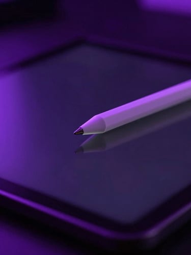 Close-up of a digital creator workspace at night, glowing stylus reflecting neon purple light on a dark tablet screen, ambient violet backlighting, macro focus