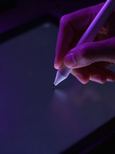 Macro close-up of a digital artist hand holding a glowing stylus over a dark tablet screen, dramatic neon purple and violet backlighting, deep obsidian shadows, high contrast, 35mm