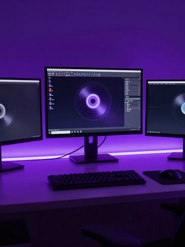 Stylized neon-lit creator workspace with glowing purple ambient light casting deep shadows over high-end digital displays, 35mm photography