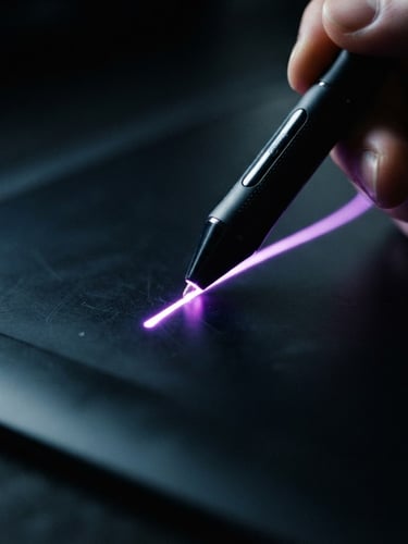 Dark digital art photography, dramatic neon purple backlighting, high-contrast obsidian tones, sharp macro focus of a glowing digital stylus on a sleek tablet screen, 35mm