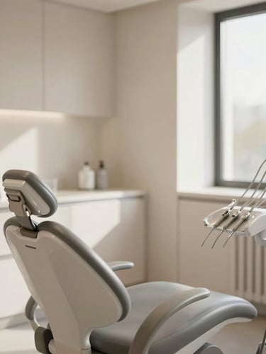 Warm editorial photography of a clean minimalist dental studio, soft natural daylight, elegant interior with neutral tones, shallow depth of field, 35mm lens