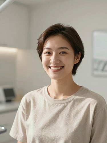 Warm editorial photography of a confident, natural smile, soft natural daylight, clean minimalist dental studio, neutral tones, shallow depth of field, 35mm lens