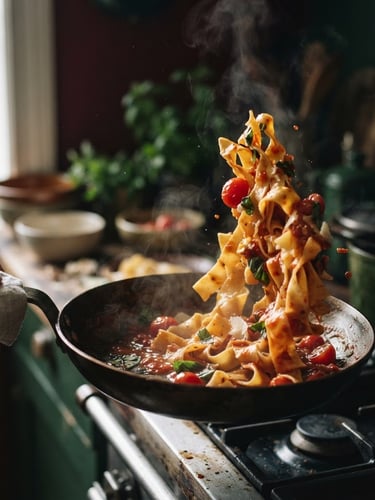Macro close-up of handmade pasta being tossed in a pan, steam rising, rich red tomato sauce glistening under moody Scandinavian side-lighting, 35mm film grain.