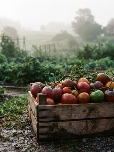 Misty early morning over an organic vegetable farm, wooden crates of fresh heirloom tomatoes in the foreground, soft Scandinavian side-light, 35mm film grain.