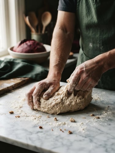 Close-up of hands kneading sourdough on a flour-dusted marble counter, soft Scandinavian side-lighting, warm shadows, editorial food photography