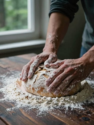 Hands covered in white flour kneading sourdough on a dark wooden table, soft morning window light, deep forest green accents in the background.