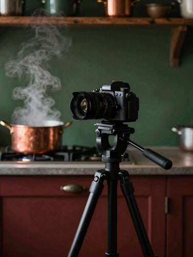 A camera setup on a tripod in a rustic kitchen, steam rising from a copper pot in the background, warm side-lighting, authentic unpolished behind-the-scenes moment.