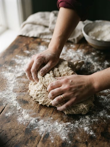 An overhead close-up of hands kneading sourdough on a floured wooden table, soft morning window light, 35mm film grain