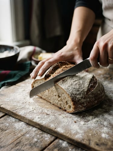 Close-up of hands slicing a raw sourdough loaf on a flour-dusted wooden table, soft Scandinavian daylight casting deep shadows, moody 35mm film grain.