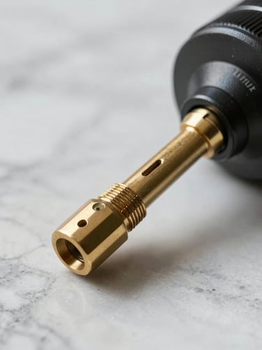 Close-up of a professional acoustic pipe locator probe placed against a clean marble floor, bright daylight, clinical focus on the brass sensor.