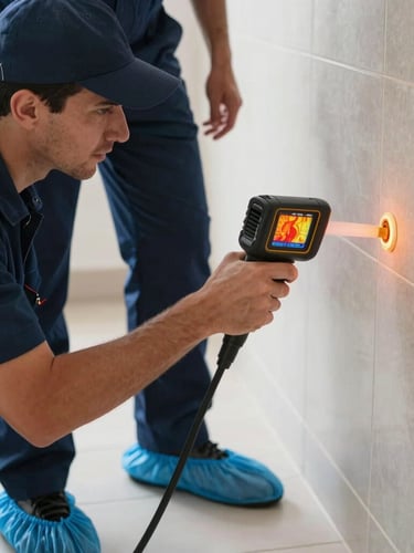 A close-up of a professional plumber in a clean navy uniform wearing blue protective shoe covers inside a pristine modern Dubai villa, holding a thermal imaging camera showing heat signatures on a tiled wall. Bright daylight.