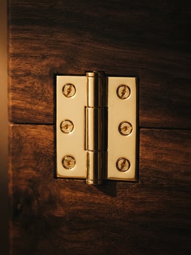 Macro shot of a flawless gold-plated hinge on dark Spanish cedar wood, soft warm side lighting, high contrast, 35mm