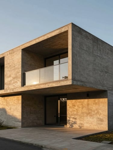 Wide-angle architectural exterior of a modern concrete house with sharp geometric angles, dramatic golden-hour sunlight casting long shadows, warm concrete textures, 35mm