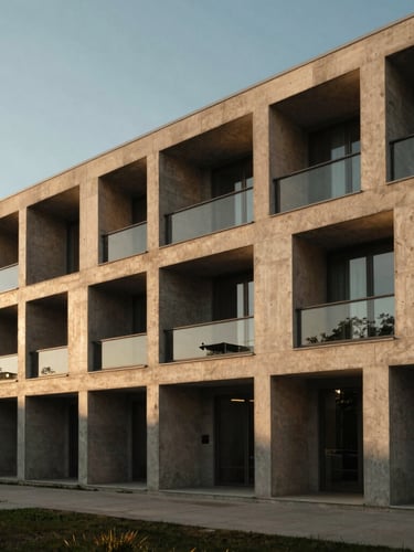 Wide-angle architectural exterior of a modern multi-family building with unique concrete geometry and deep recessed windows, dramatic golden-hour sunlight casting long shadows.