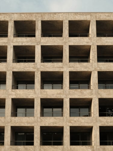 Warm architectural photography of a modern concrete apartment building facade, clean geometric grid pattern, soft overcast daylight, 35mm