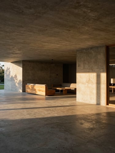 Wide-angle architectural interior of a concrete and timber living space, dramatic golden-hour sunlight casting long shadows across the floor, 35mm