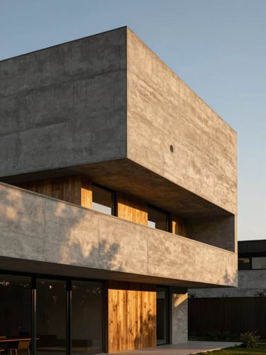 Warm architectural photography of a modern concrete and timber home exterior, sharp geometric angles, dramatic golden-hour sunlight casting long shadows, 35mm