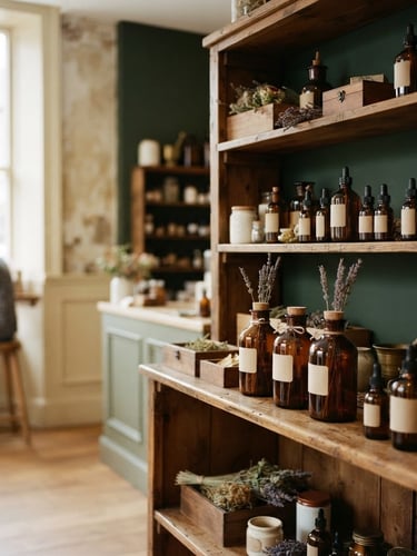 Sunlit interior of Nenza Budz King Street boutique, featuring amber glass apothecary bottles on clean wooden shelves, warm editorial photography, shallow depth of field